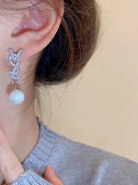 Designer Inspired Silver Crystal Logo Drop Earrings with White Pearl